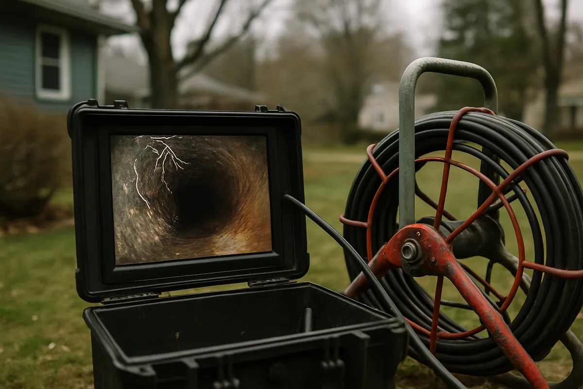 Sewer camera head inside a root intruded clay tile lateral in Rockland County