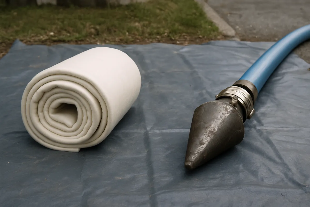 A cured-in-place liner and a pipe bursting head shown side by side, the two trenchless options for a Rockland County sewer lateral
