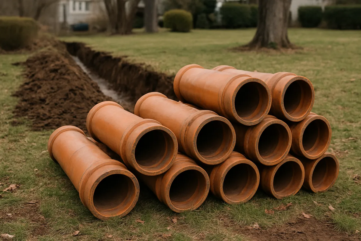 Vitrified clay sewer pipe section with an open bell joint and root intrusion, typical of Rockland County laterals
