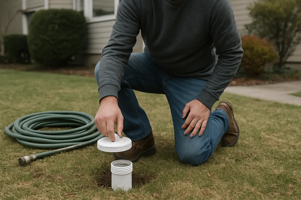 Exterior sewer cleanout cap in a Rockland County yard with a jetting hose staged beside it