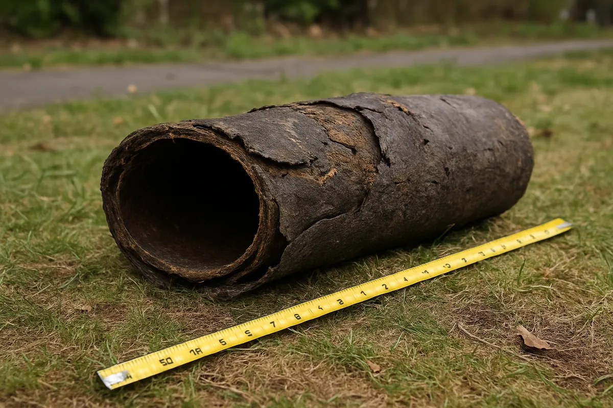Section of deformed Orangeburg bituminized fiber sewer pipe excavated from a Rockland County lawn