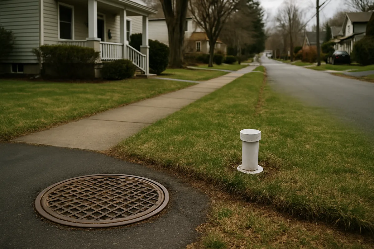 Diagram style view of a Rockland County home sewer lateral running to the tap at the public main