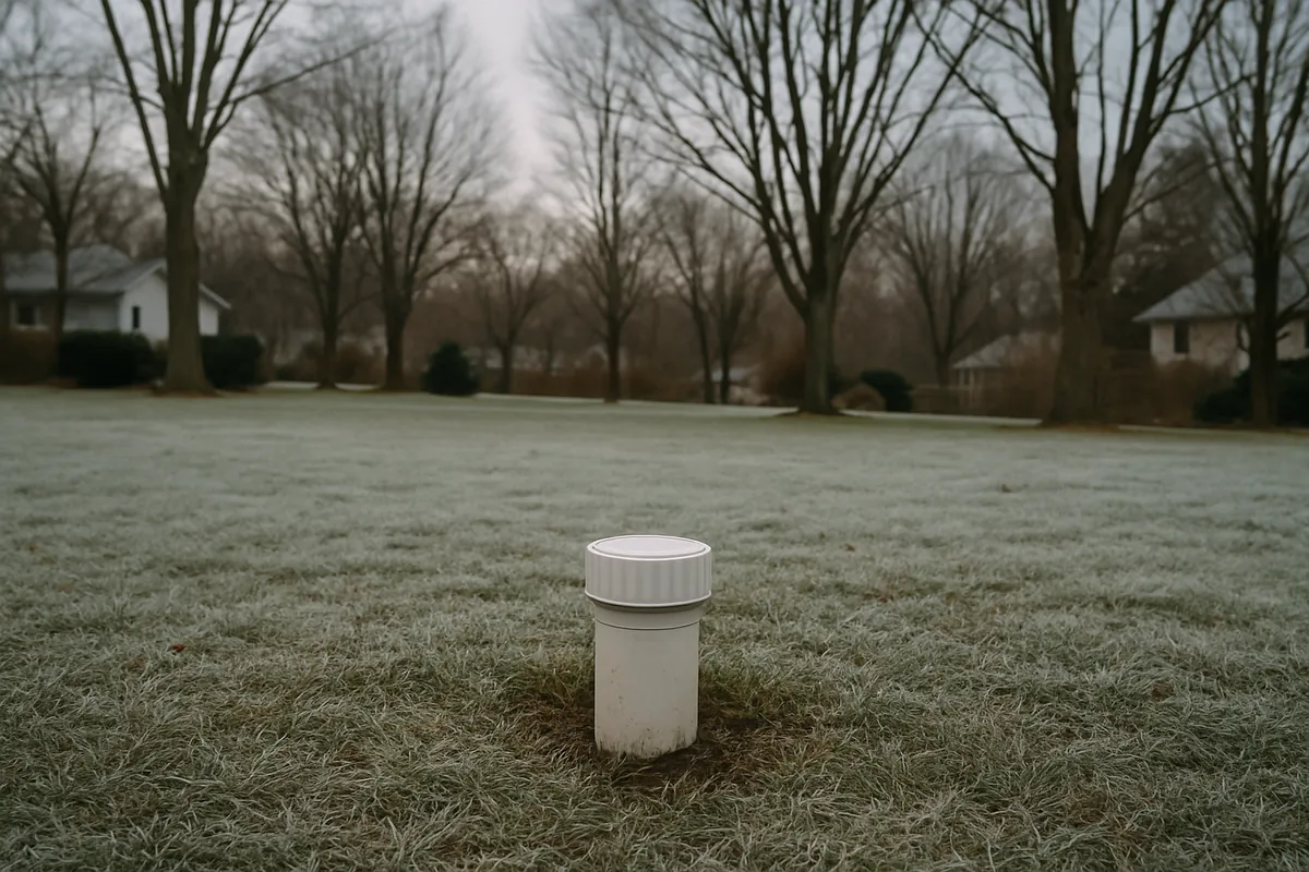 Frozen ground and snow over a shallow sewer lateral in the Lower Hudson Valley in winter