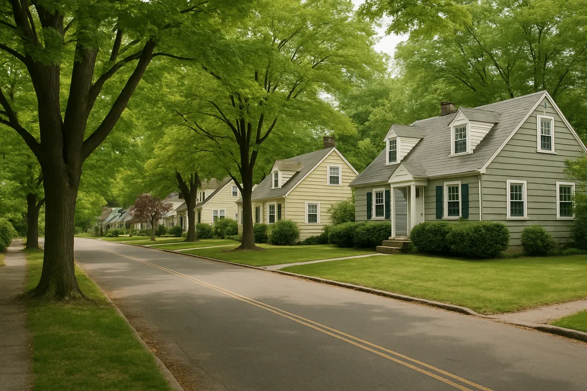 Street of 1950s cape cod homes typical of Nanuet's postwar tract housing