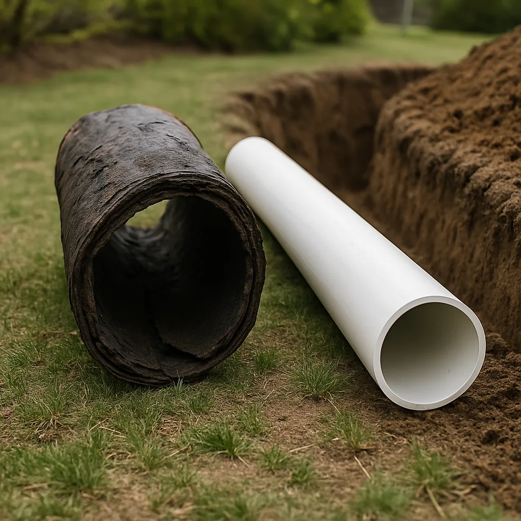 Deformed Orangeburg fiber sewer pipe dug up next to new PVC pipe