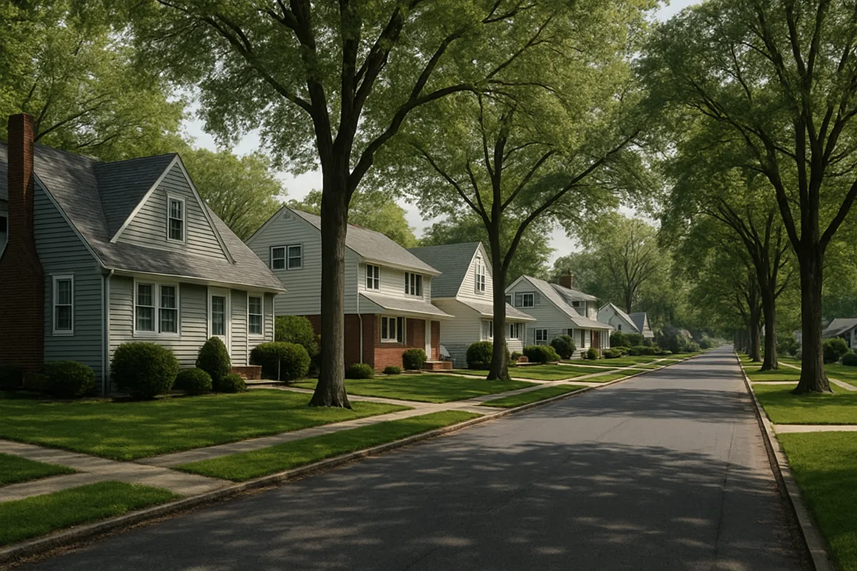 Tree-lined street of 1950s capes and split-levels in Rockland County NY