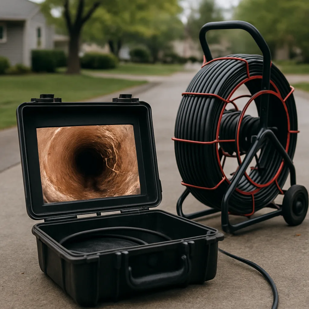 Sewer camera inspection monitor showing roots inside a clay pipe