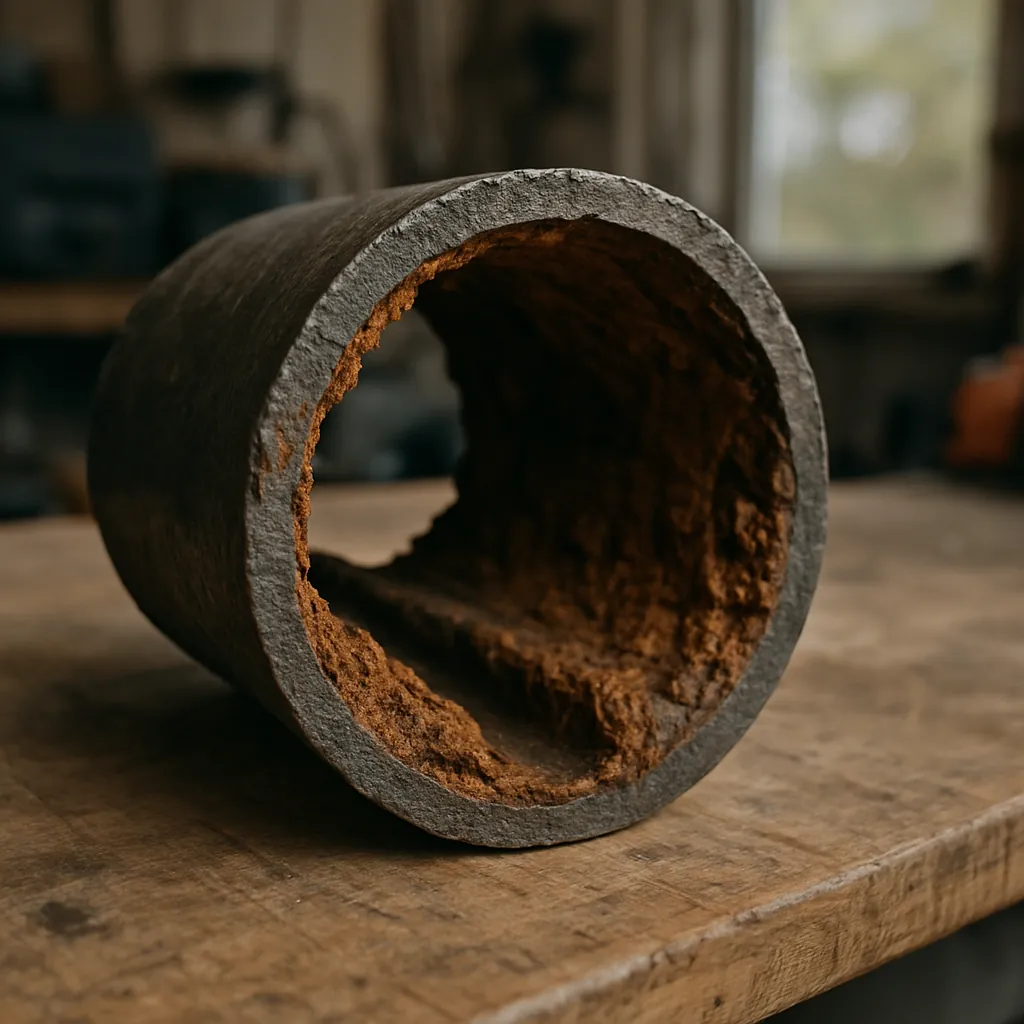 Cut section of old cast iron drain pipe showing interior scale and channeling