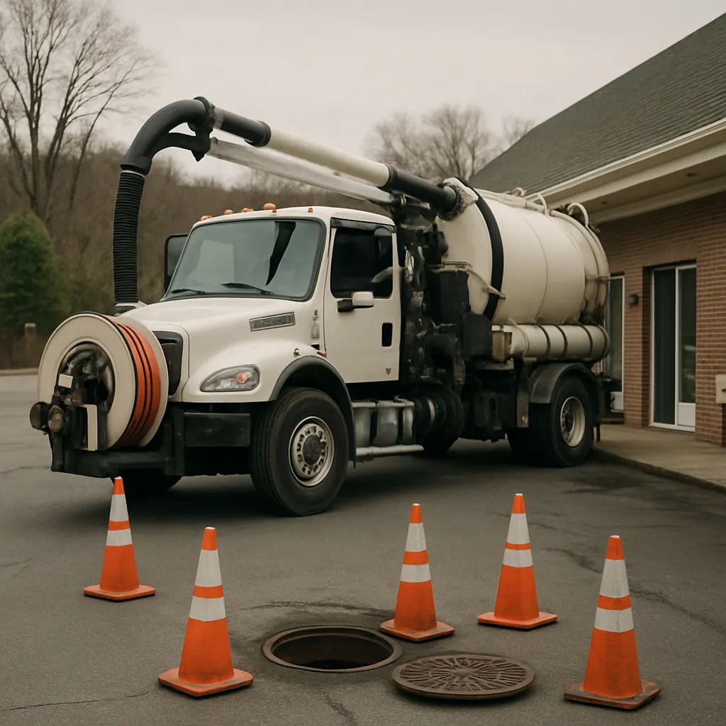 Commercial jetter truck working a manhole behind a small retail plaza