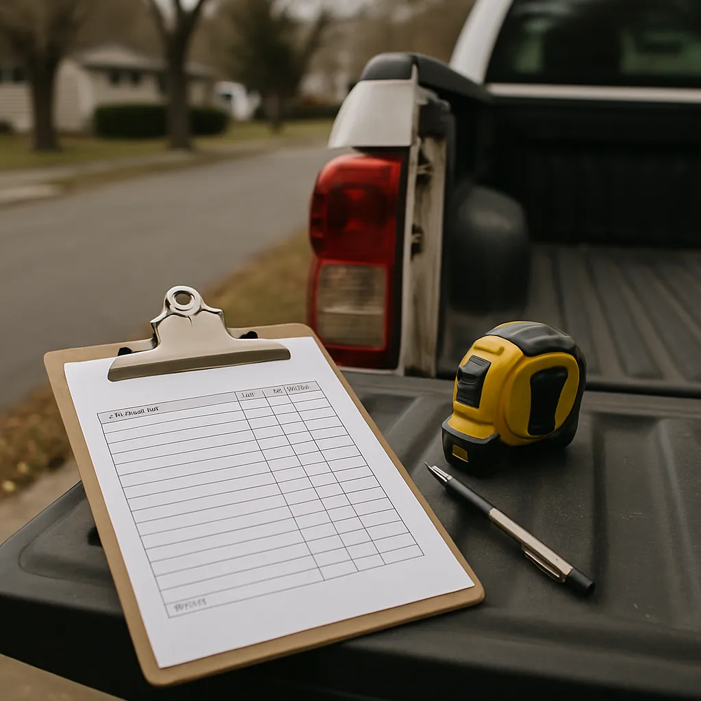 Blank line-item estimate form on a clipboard resting on a work truck tailgate