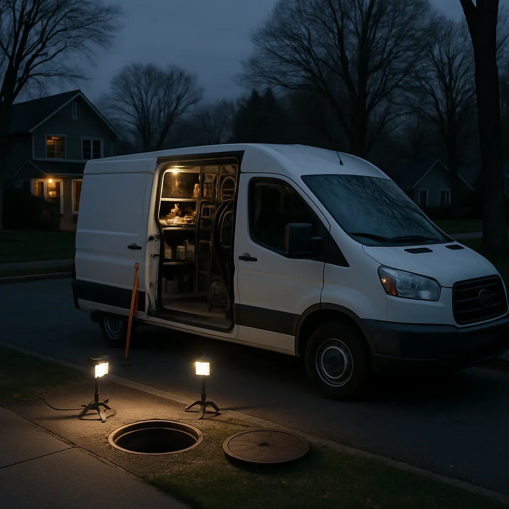 Service van with work lights at an open cleanout during an evening emergency callout