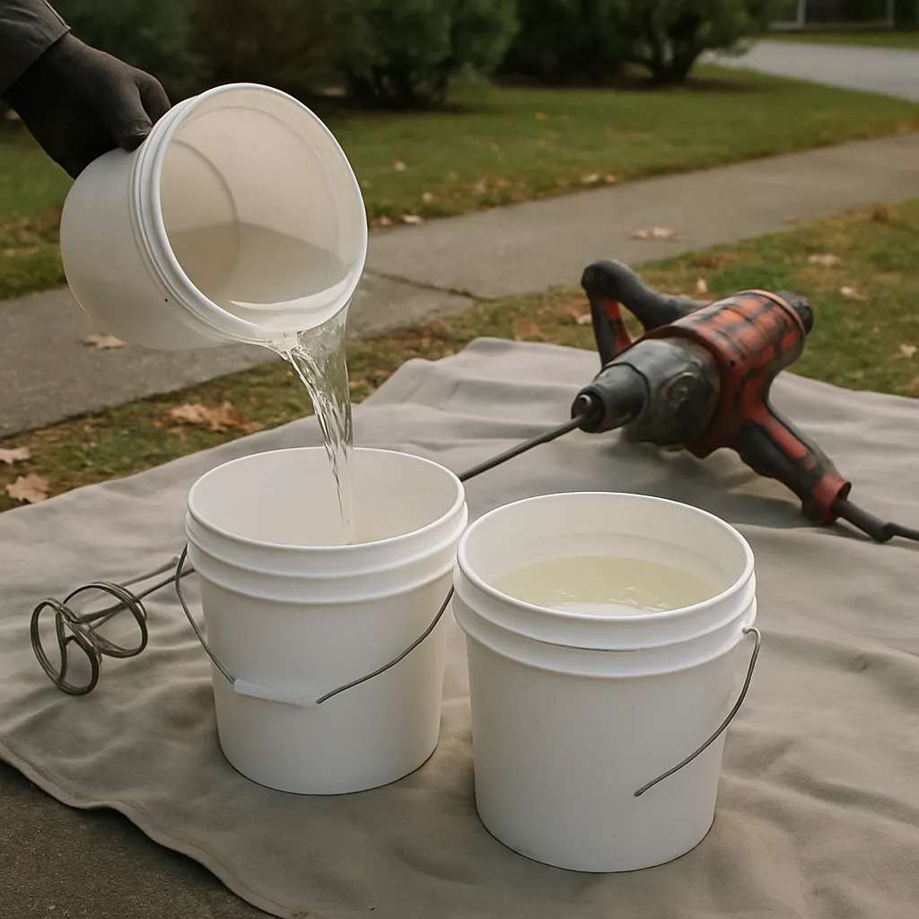 Two-part epoxy resin being mixed for pipe liner saturation