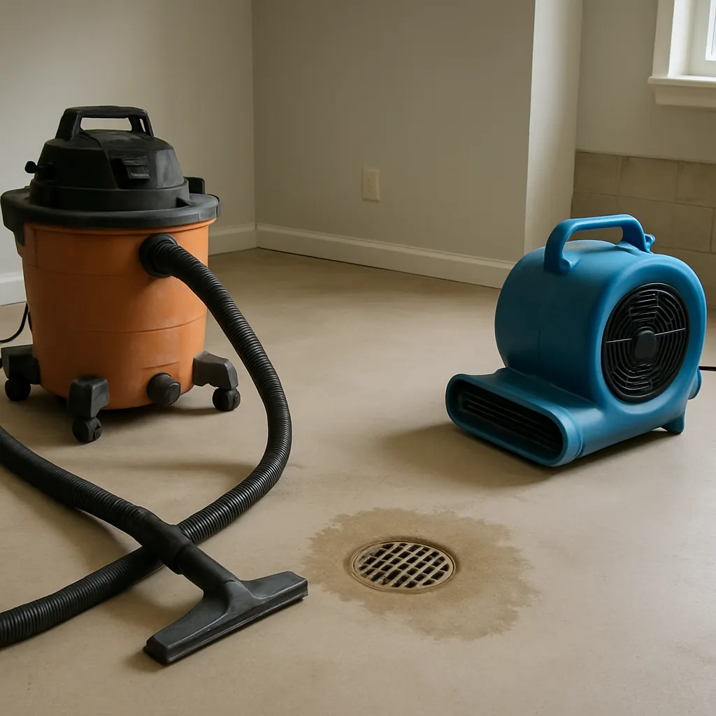 Basement floor drain with water staining and cleanup equipment staged nearby