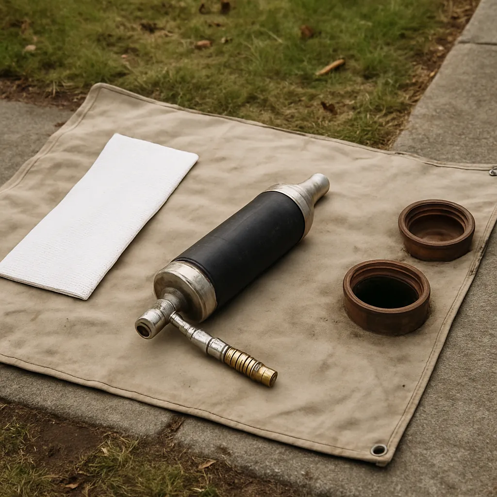 Sectional pipe liner patch and packer assembly laid out beside an open cleanout