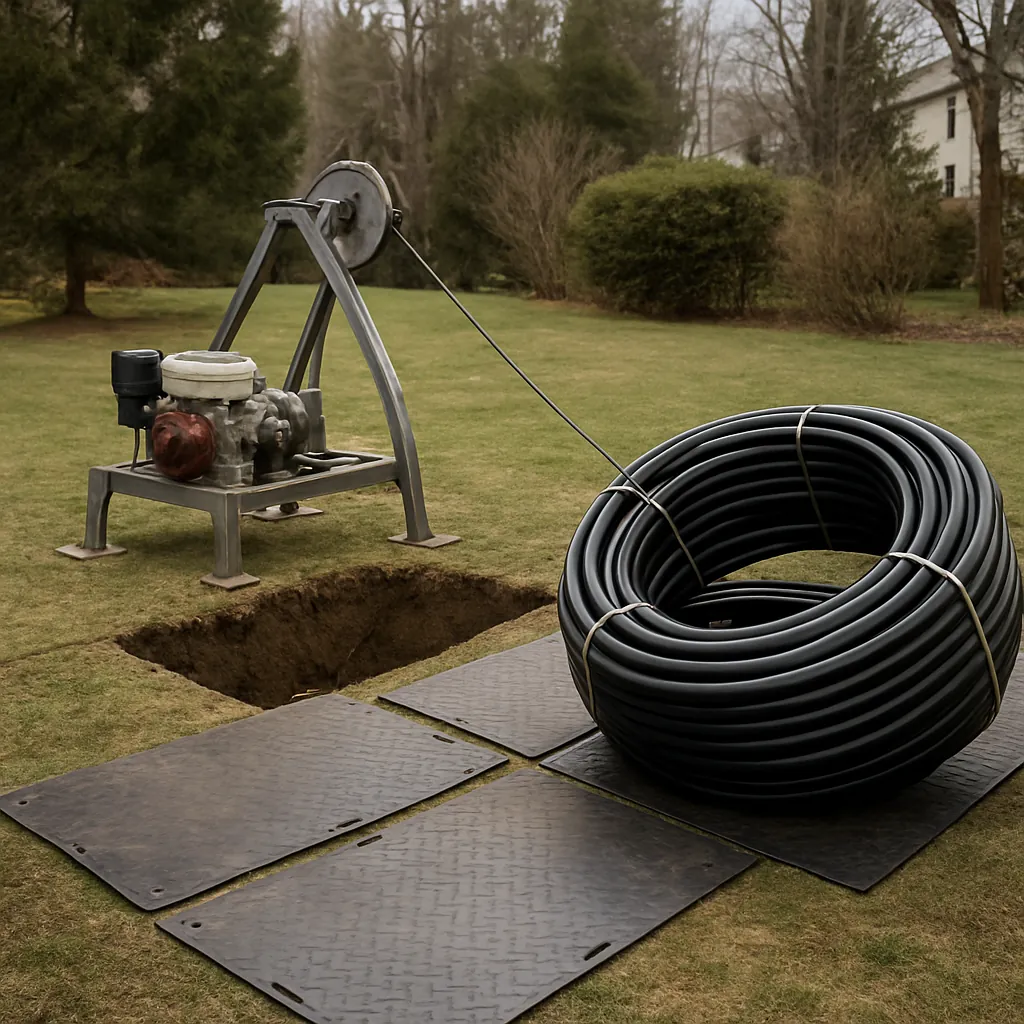 Winch rig over a launch pit with HDPE pipe staged for a trenchless sewer replacement