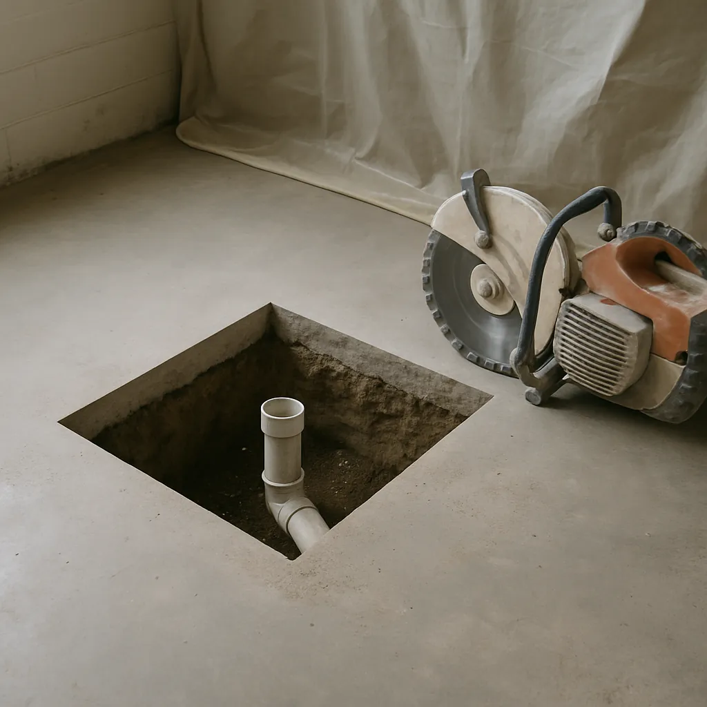 Cut opening in a basement slab exposing the drain line below